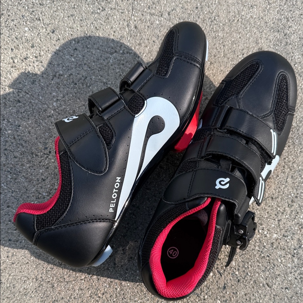 Peloton Black Cycling Shoes with Pink Lining and White Accents